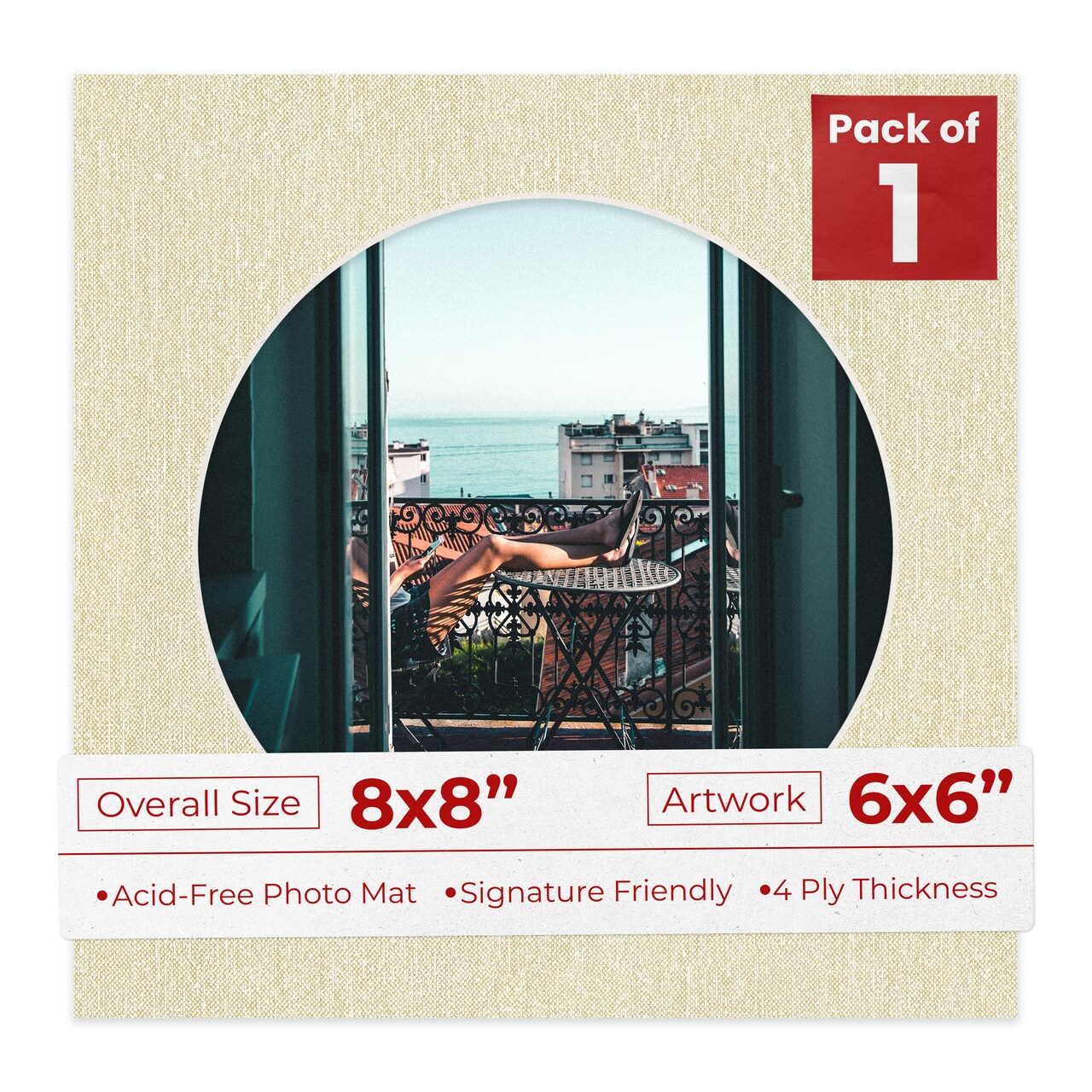 Off White Canvas Mat Board for 8x8 Frames - Circle Opening for 6x6 Photos